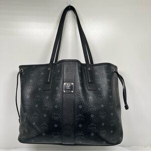 Authentic MCM Liz Medium Reversible Visetos Shopper Tote Bag Black Leather